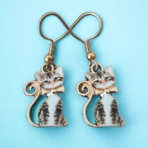 Kitty Cat Tabby Small Bow Dangling Hook Earrings